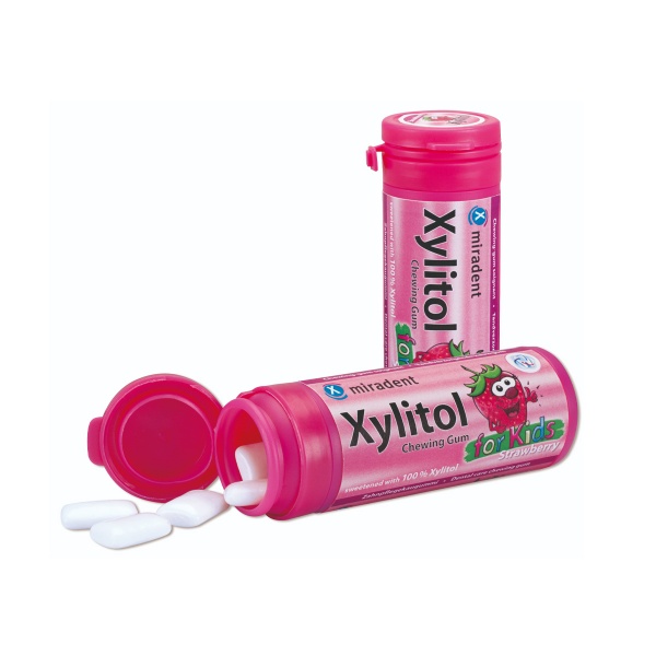 Miradent KIDS kramtomoji guma su ksilitoliu braškių skonio, HAGER&WERKEN, 30 vnt (1)